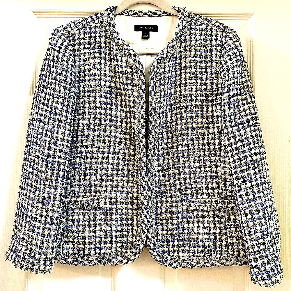 Ann Taylor Metallic Tweed Fringe Lined Blazer Jacket NWOT 12